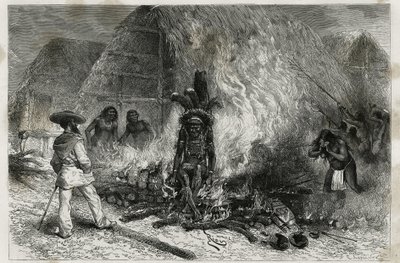 The cremation of a Roucouyenne (or Wayana) (engraving by Riou, to illustrate the voyage of exploration in the interior of Guiana by Dr. Jules Crevaux, doctor of the French navy) by Edouard Riou
