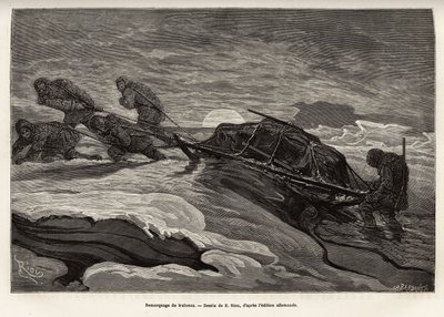 The crew of the ship La Germania, descended on the ice for a hunting game, proceeded to tow their sleigh on the ice, as the sun sets, engraving after the drawing of E. Riou, illustrating a voyage to the North Pole by Edouard Riou