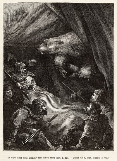 The crew of the ship La Germania hunting on the ice, visited by a polar bear. Engraving illustrating a voyage to the North Pole by Edouard Riou