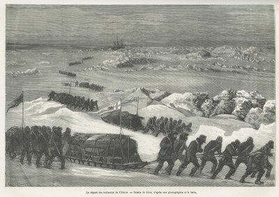 The departure of the Alert sleds, ship of the polar expedition, drawing by Riou, to illustrate the story of a voyage to the polar sea in 1875-1876, by Captain G.S.Nares. Engraving in Le tour du monde by Edouard Riou