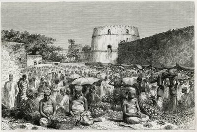 The Fruit Market of Zanzibar (Tanzania). Engraving by Riou, to illustrate the story 