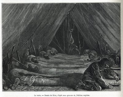 The interior of the tent on the ice floe (drawing by Riou, to illustrate the story of a voyage to the polar sea in 1875-1876 by Captain G. S. Nares. Engraving in 