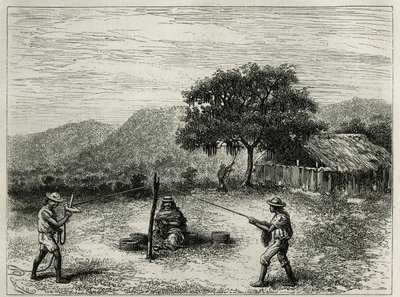The manufacture of the cabuya, string of Fourcroya, near Cartago (Colombia). Engraving by Riou, to illustrate the story of Equinoxiale America by E. Andre, mission assignment by the French government, published in the Tour du monde, under the direction of  by Edouard Riou