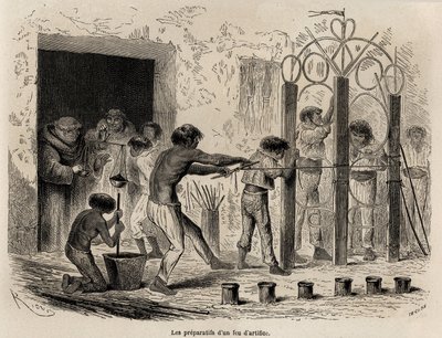 The preparation of fireworks in Sarayacu (Peru), drawing by Riou, to illustrate Paul Marcoy