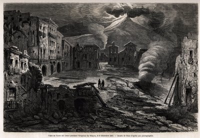 The square of Torre del Greco, during the eruption of the Vesuvius, 8 December 1861, drawing by Riou, to illustrate the walks around Naples by Marc Monnier, in 1862. Engraving in 