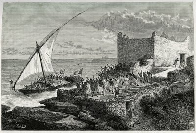 With the dung of travelers entering the harbour of Moguedouchou (Mogadishu), sailors make a huge racket to attract the people who welcome them with shouts of enthusiasm. Engraving by Riou, to illustrate the story 