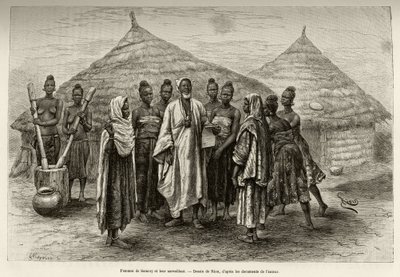 Women of Samory Toure war chief of the Niger loop and their supervisor, Sonninke, who knows how to read and write Arabic, as evidenced by the paper he holds in his hand. Engraving to illustrate the story From Niger to the Gulf of Guinee by Captain Louis Gu by Edouard Riou