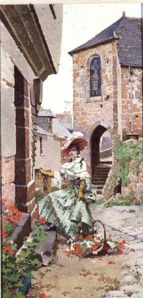 Parisian Woman with a basket of flowers by Edouard Toudouze
