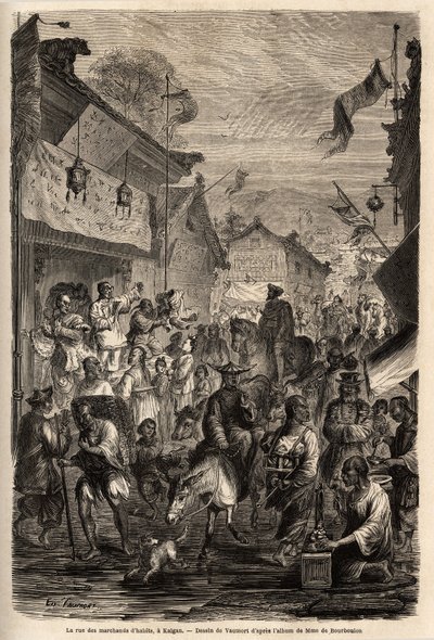The street of clothing dealers, Kalgan, Mongolia. Illustration for M. de Bourboulon