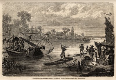The various methods of fishing the rivers in the province of Pet Tche Li are described. Drawing by Vaumort, to illustrate the journey from Shanghai to Moscow, from 185 by Edouard Vaumort