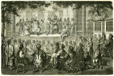 View of a representation of the Opera de Pekin (Beijing), China, after the travel story of Madame de Bourboulon. Engraving after a drawing by Vaumort, in 