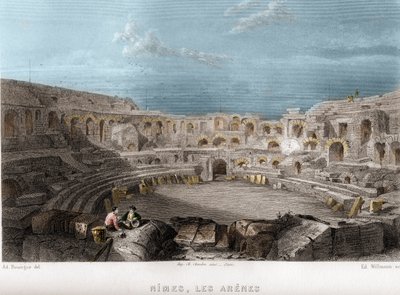 Les arenes de Nimes, Gard, Languedoc-Roussillon, France (engraving) by Edouard Willmann