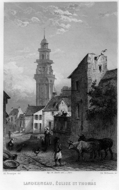 View of Landerneau and Saint Thomas Church, Finistere, Brittany, France. Engraving by Willmann in 