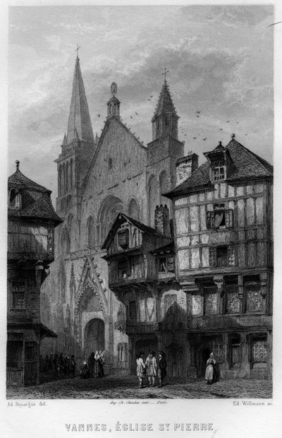 View of the city of Vannes and the Church of Saint Pierre, Morbihan, Brittany, France. Engraving by Willmann in 