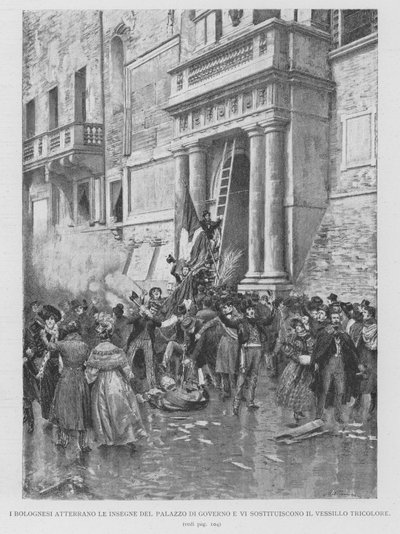 The Bolognese Bring Down the Government Palace Flags and Replace Them with the Tricolor Banner (engraving) by Edouardo Matania