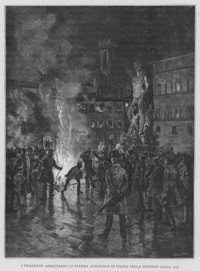 The Florentines Burn the Austrian Coat of Arms in Piazza della Signoria by Edouardo Matania