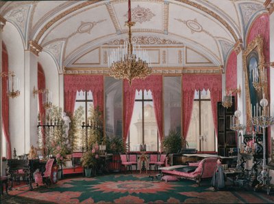 Interiors of the Winter Palace. The Raspberry Study of Empress Maria Alexandrovna, 1860s by Eduard Hau