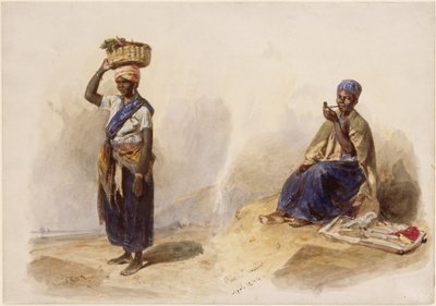 Two Colored Street Vendors; One Standing with Basket on Head, the Other Sitting and Smoking a Pipe by Eduard Hildebrandt
