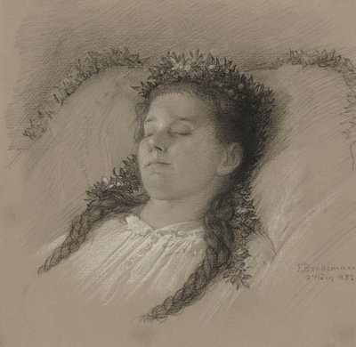 A Girl on Her Deathbed with a Crown of Flowers by Eduard Julius Friedrich Bendemann