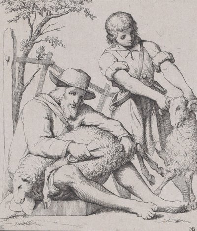 Two Men Sheep Shearing, ca. 1842 by Eduard Julius Friedrich Bendemann
