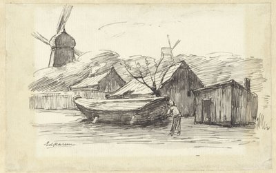 Boat, Houses and a Windmill by Eduard Karsen