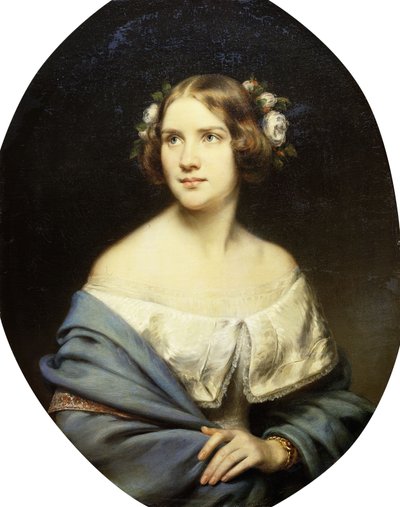 Portrait of Jenny Lind, Standing Half Length in a White Dress and a Light Blue Shawl by Eduard Magnus