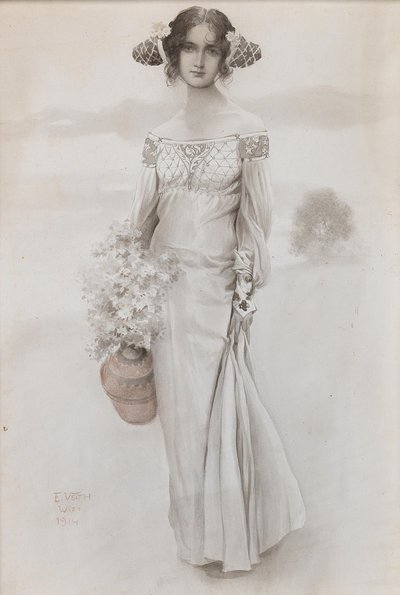 A Girl with a Jug and a Bouquet of Flowers by Eduard Veith
