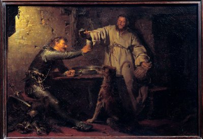 Middle-aged warrior toasting with a hermit in a tavern. Painting by Eduard von Grutzner (1846-1925) 1878 by Eduard von Grutzner