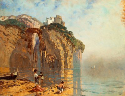 View of the golf with people on the beach by Eduardo Dalbono