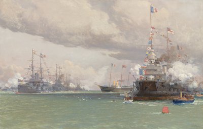 The Entente Cordiale: The Royal Yacht Victoria & Albert III Reviewing the Anglo-French Fleet in Cowes Road by Eduardo de Martino