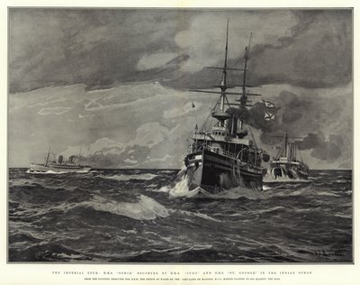 The Imperial Tour, H M S Ophir, escorted by H M S Juno and H M S St George, in the Indian Ocean by Eduardo de Martino