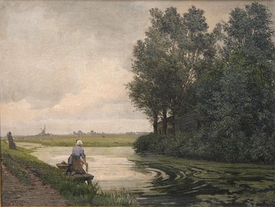 Dutch Landscape, A Girl Washing by a Canal by Edvard Petersen