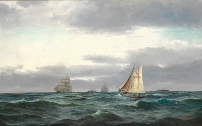 Marine with Several Ships, Gray Rainy Clouds and a Bit of Blue Sky by Edvard Skari