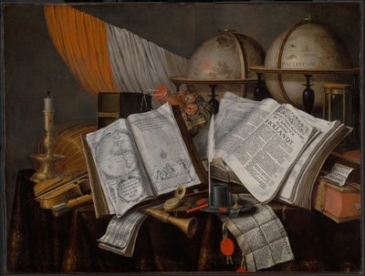 A Vanitas Still Life with a Flag, Candlestick, Musical Instruments, Books, Writing Paraphernalia, Globes and Hourglass by Edwaert Collier