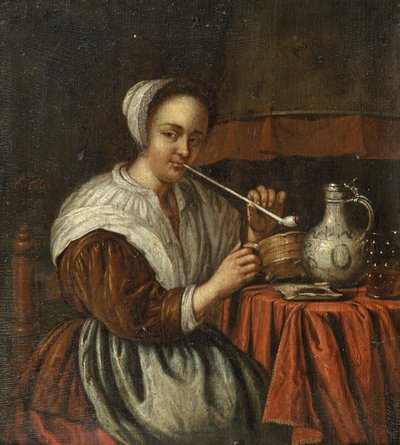 A Woman Smoking a Pipe at a Table by Edwaert Colyer or Collier