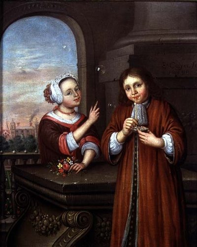 Girl Pointing at a Boy Blowing Bubbles in an Architectural Setting by Edwaert Colyer or Collier