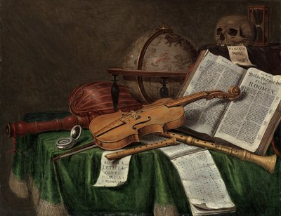 Vanitas Still Life with an Astrological Globe, a Violin, a Skull, an Hourglass, an Open Book, a Score, a Watch, a Lute and Other Musical Instruments on a Draped Table, 1680s by Edwaert Colyer or Collier