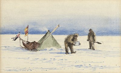 The sledge party to White Island, February 1902: Shackleton and Wilson making camp by Edward Adrian Wilson