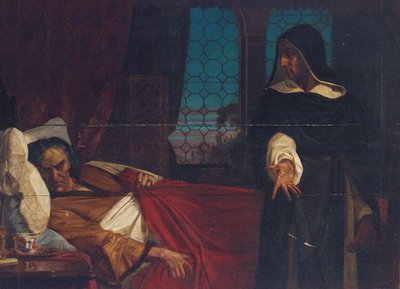 A cloaked figure before the bed of an anguished man by Edward Armitage