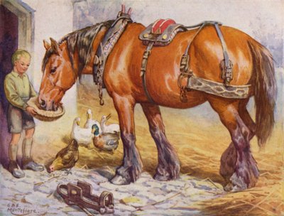 Boy feeding a horse in a farmyard by Edward Brice Montefiore