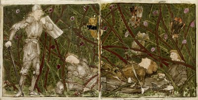 A set of sixteen tiles arranged in pairs to form eight illustrations of the 