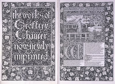 Title page and opening page from the Kelmscott Press edition of The Works of Geoffrey Chaucer by Edward Burne Jones