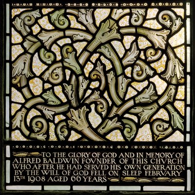 Dedication to Alfred Baldwin from The Joshua Window by Edward Coley and Dearle Burne Jones