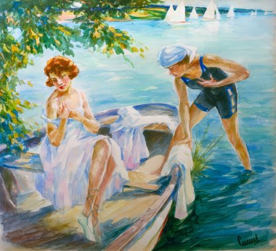 Summer Day at the Lake with Two Young Ladies in a Boat by Edward Cucuel