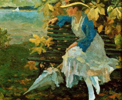 Woman on a Park Bench by a Lake by Edward Cucuel