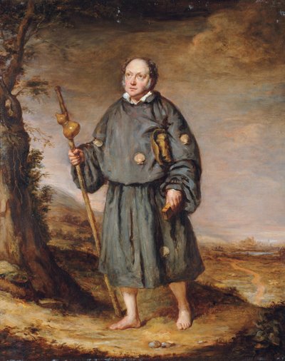 Portrait of a Gentleman as a Pilgrim, on a Track, Holding a Staff with a Gourd and a Bible by Edward Daniel Leahy