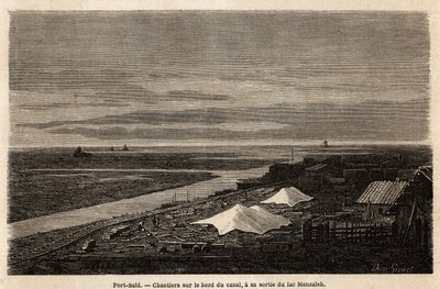 Port Said shipyards, on the edge of the Suez Canal, at its exit from Lake Menzaleh, drawing by Grenet, to illustrate an excursion to the Suez Canal, in 1862, by Paul Merruau. Engraving in Le tour du monde, edited by Edouard Charton by Edward Grenet