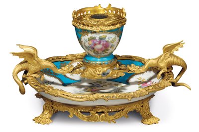 A William IV Sevres-style Turquoise Ground Encrier, 18th Century Porcelain, Ormolu c.1835-40 by Edward Holmes Baldock