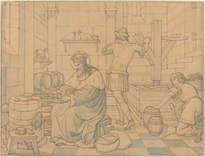 Saint Wenzel Cooking Hosts as Two Youths Press Wine by Edward Jakob von Steinle