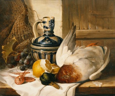 A Mallard, a Jug, a Peeled Lemon, Grapes and Shrimps on Draped Ledge by Edward Ladell